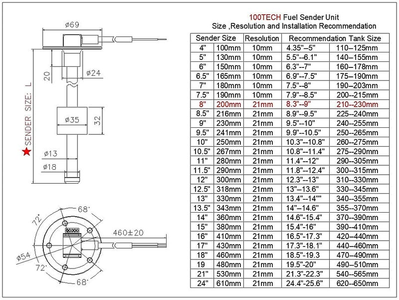 100TECH Fuel Tank Gauge Sending Unit Kit 8""(200mm) SUS316 Stainless Steel RV Tank Sensor Marine Gas Gauge Sender for Truck Camper Water Level Sensor 240-33ohm - Image 5